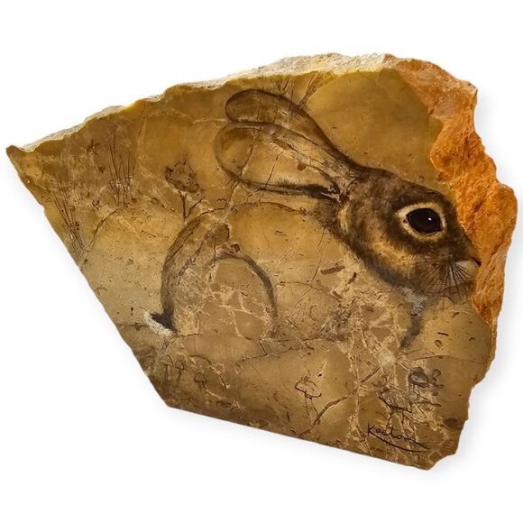 Vintage 80s Stone Slab Marble Rabbit Painting Signed Decor Piece - Picture 1 of 8